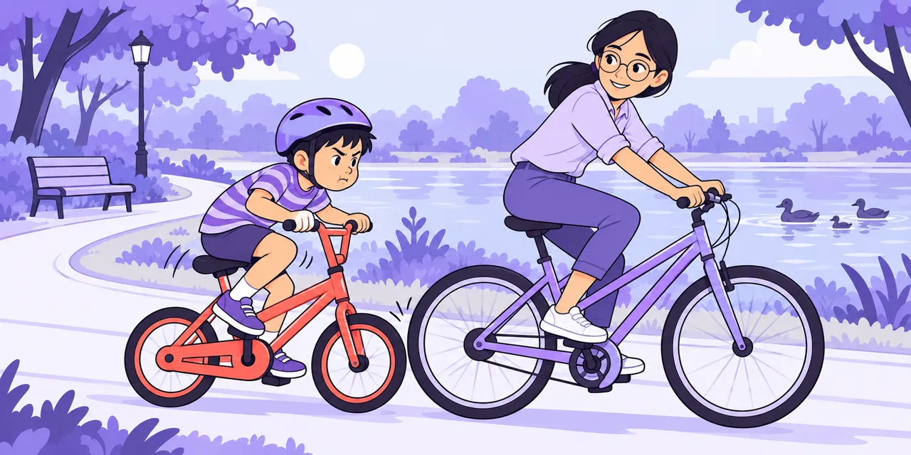 In a park a boy pedals hard on his small bike to stay right behind his mother's bike.