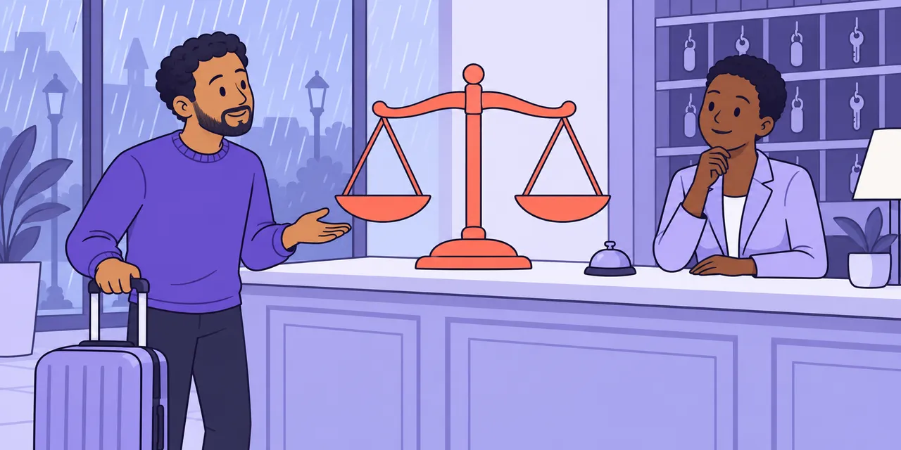 At a hotel reception, Sam with his suitcase makes an offer to the receptionist, a balance scale level between them.