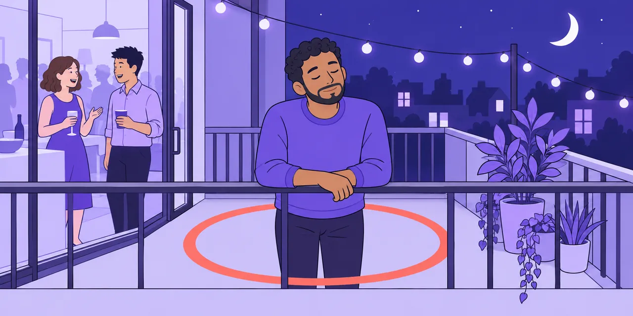 Away from a house party, Sam leans on the balcony rail with his eyes closed inside a ring of his own space.