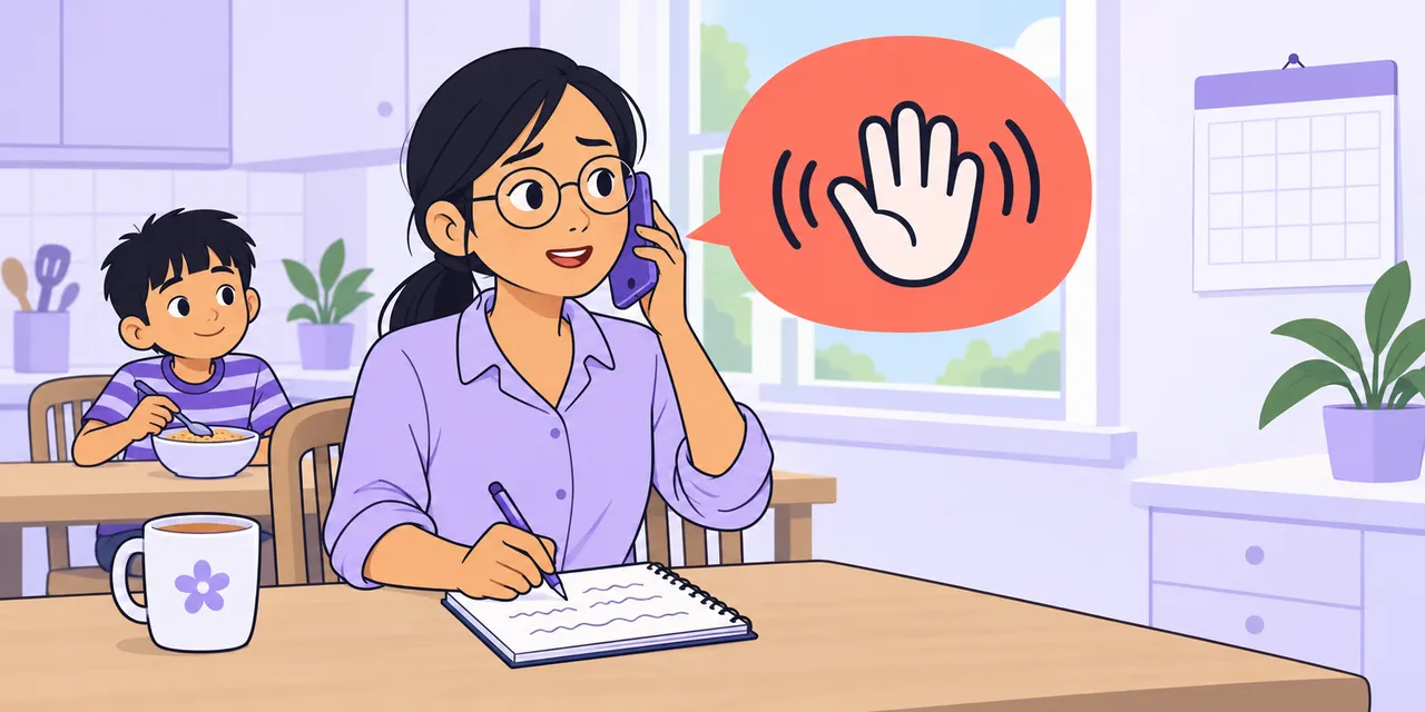 At the kitchen table, Jo smiles into her phone with a notepad ready, a waving hand in her speech bubble.