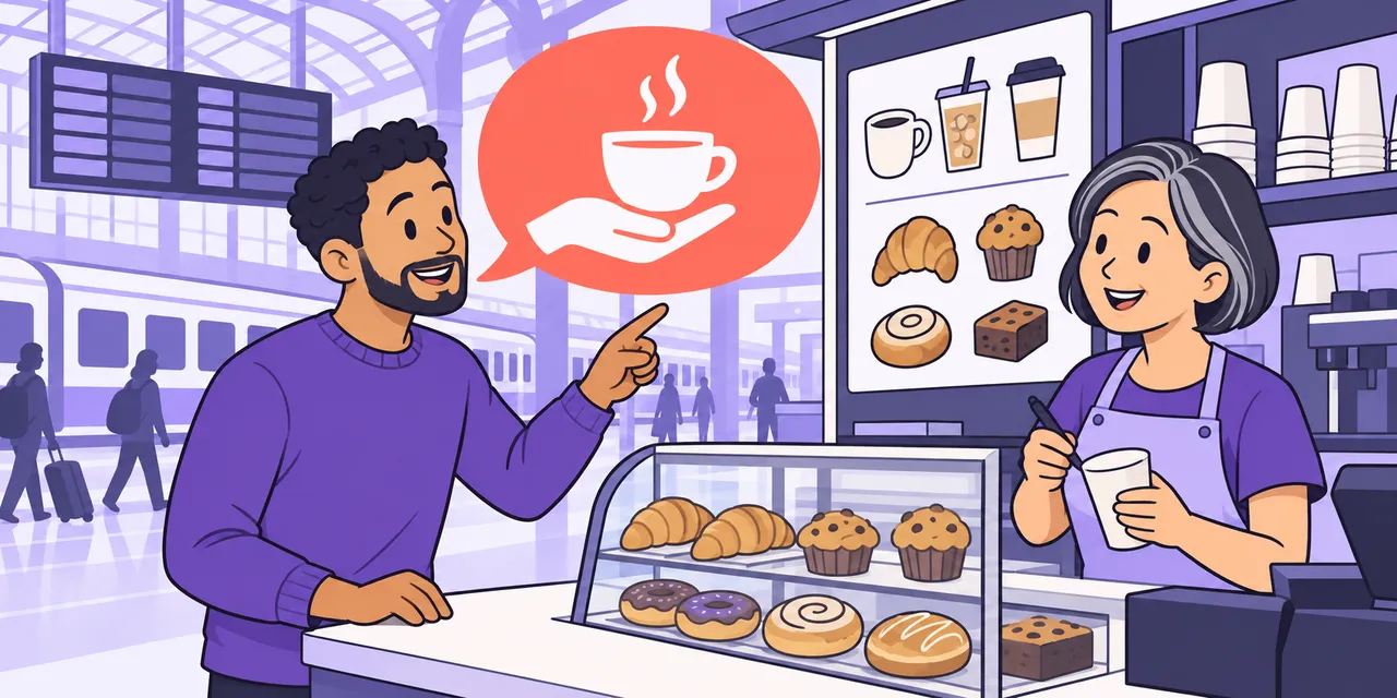 At a station coffee kiosk, Sam points at the menu and orders, with a coffee cup on an open hand in his speech bubble.