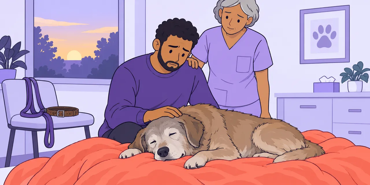 A scene showing “put down” meaning “gently end a sick animal's life”.