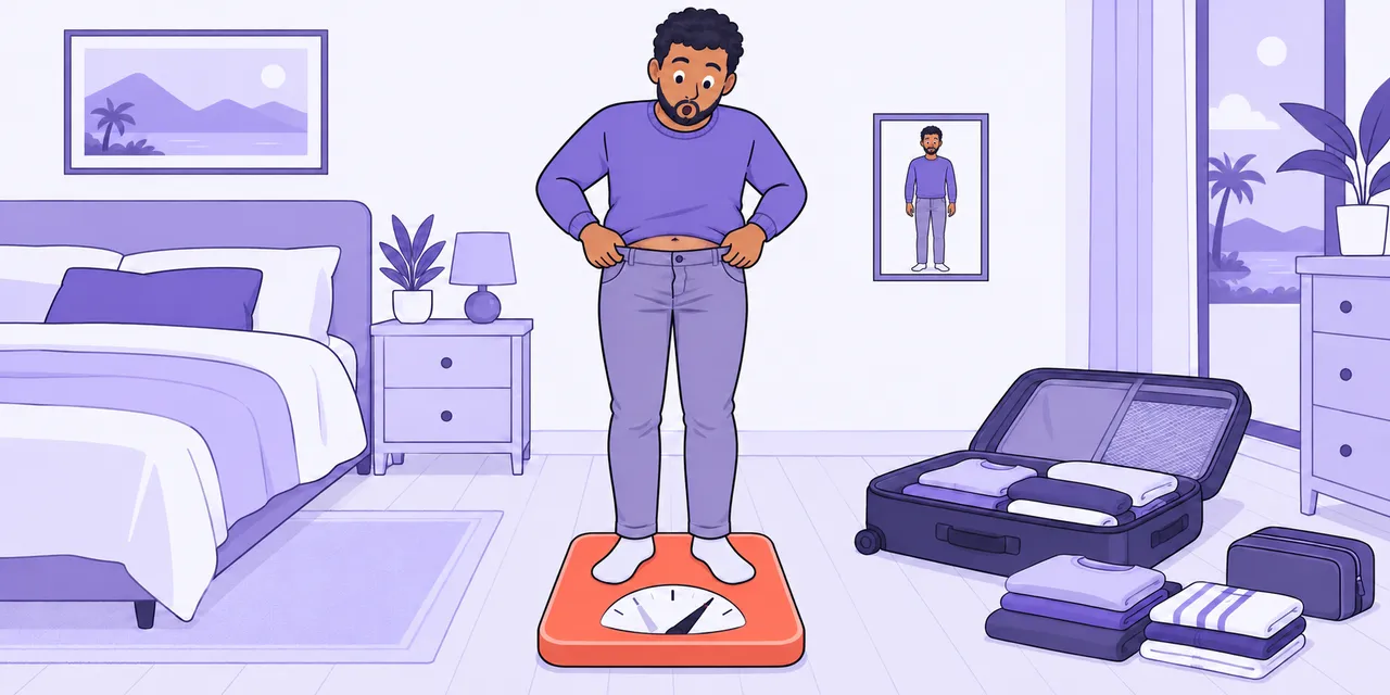 A scene showing “put on” meaning “gain weight”.