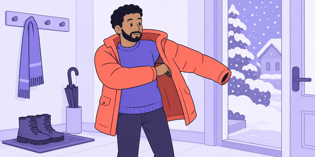 A scene showing “put on” meaning “wear”.