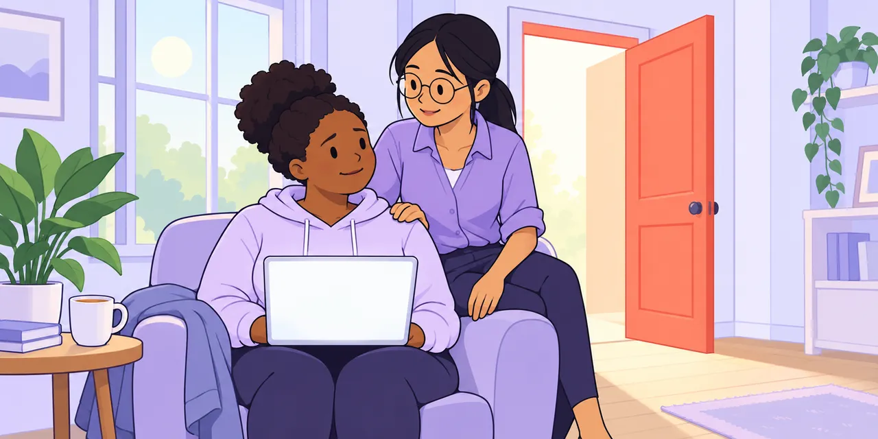 A woman with a laptop on her knees takes a job rejection calmly while a friend rests a hand on her shoulder near an open door.