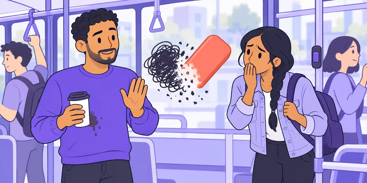 On a bus, Sam waves off a young woman's apology for spilling his coffee while an eraser rubs out a dark scribble.