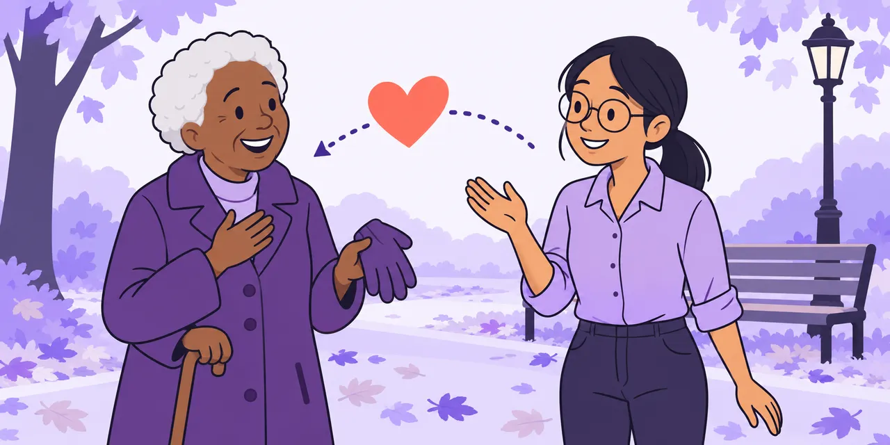 On a park path, an older woman thanks Jo for returning her glove, and a heart travels back to her along a dotted arc.