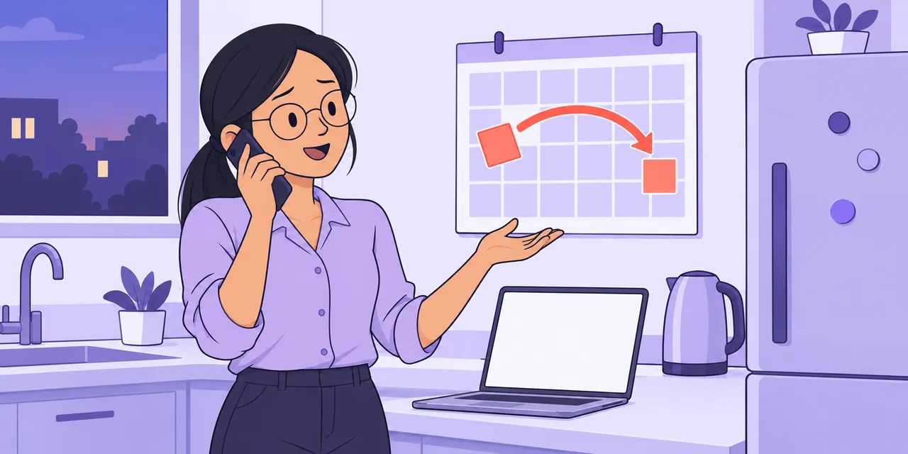 In her kitchen, Jo talks on the phone while an arrow lifts one square on a wall calendar onto a later day.