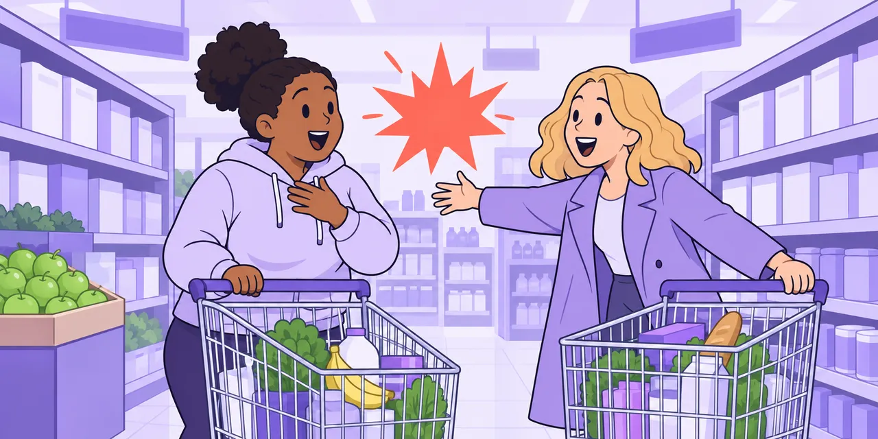 Two old friends recognise each other with delight, trolley to trolley in a supermarket aisle.