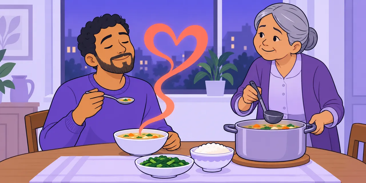 At a dinner table, Sam tastes the soup with his eyes closed; the steam from his bowl curls into a heart while the host watches.