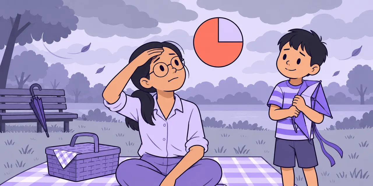 In a park under grey clouds, Jo looks up at the sky beside a pie chart that is three-quarters full while Leo waits with his kite.