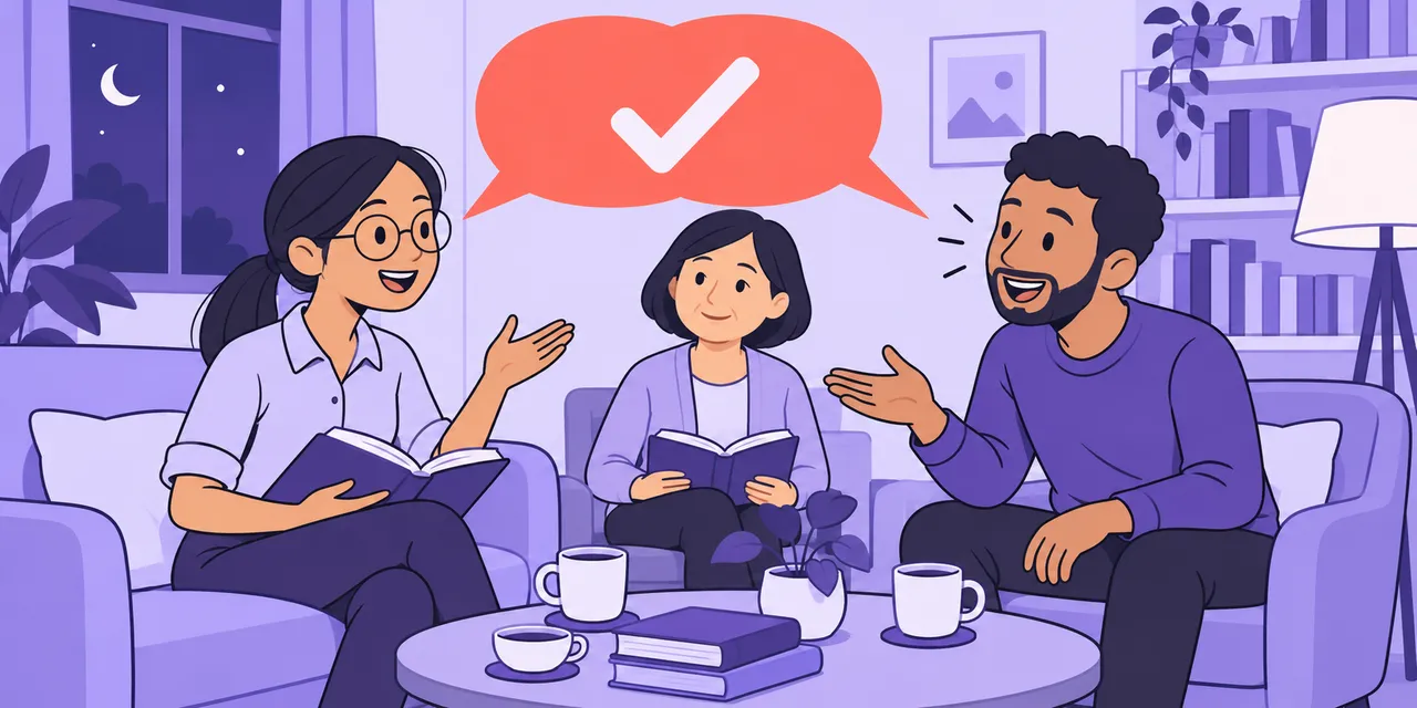 At a book club, Jo and Sam's speech bubbles merge into one bubble with a tick.