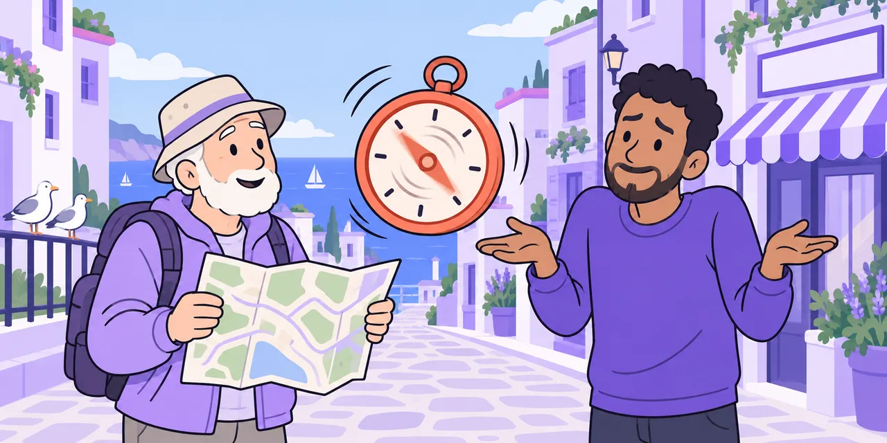 On a seaside street, Sam shrugs at a tourist holding a map as a compass needle spins between them.