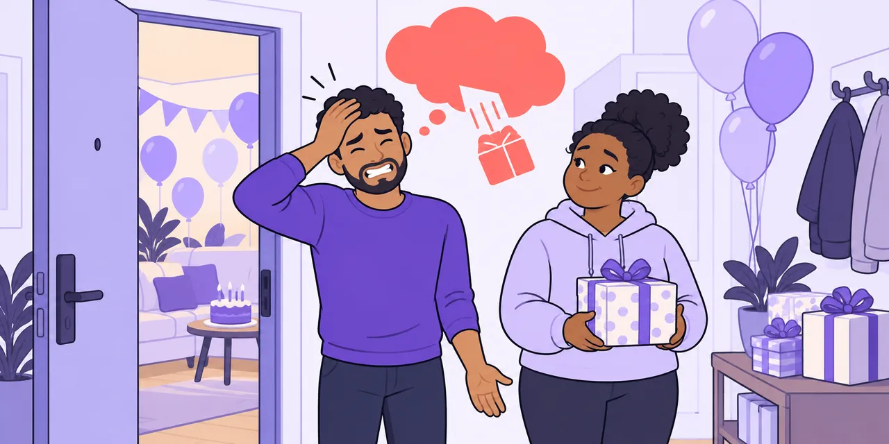 Sam arrives at a birthday party empty-handed, hand on his head, as a gift slips out of his thought bubble.
