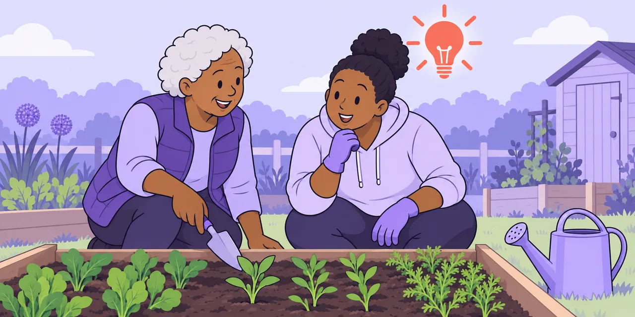 In an allotment, an older gardener shows Mia how to plant seedlings and a light bulb glows above Mia's head.