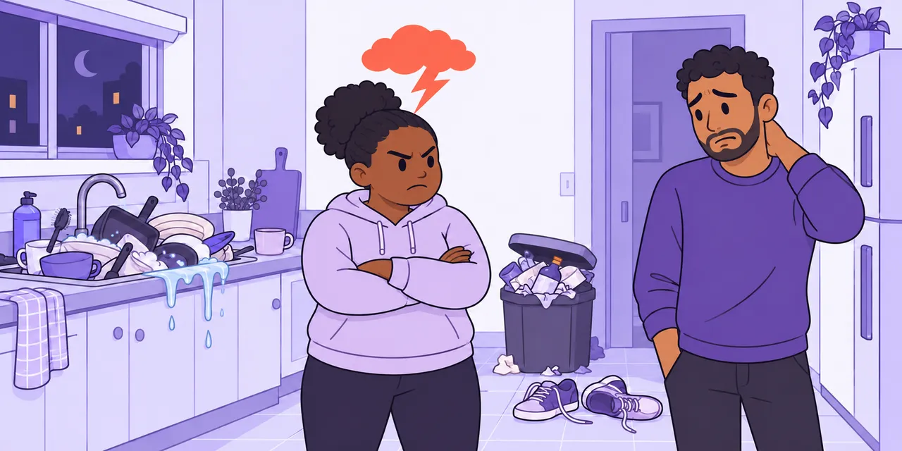 In a messy kitchen, Mia stands with arms folded under a storm cloud while Sam rubs his neck guiltily.