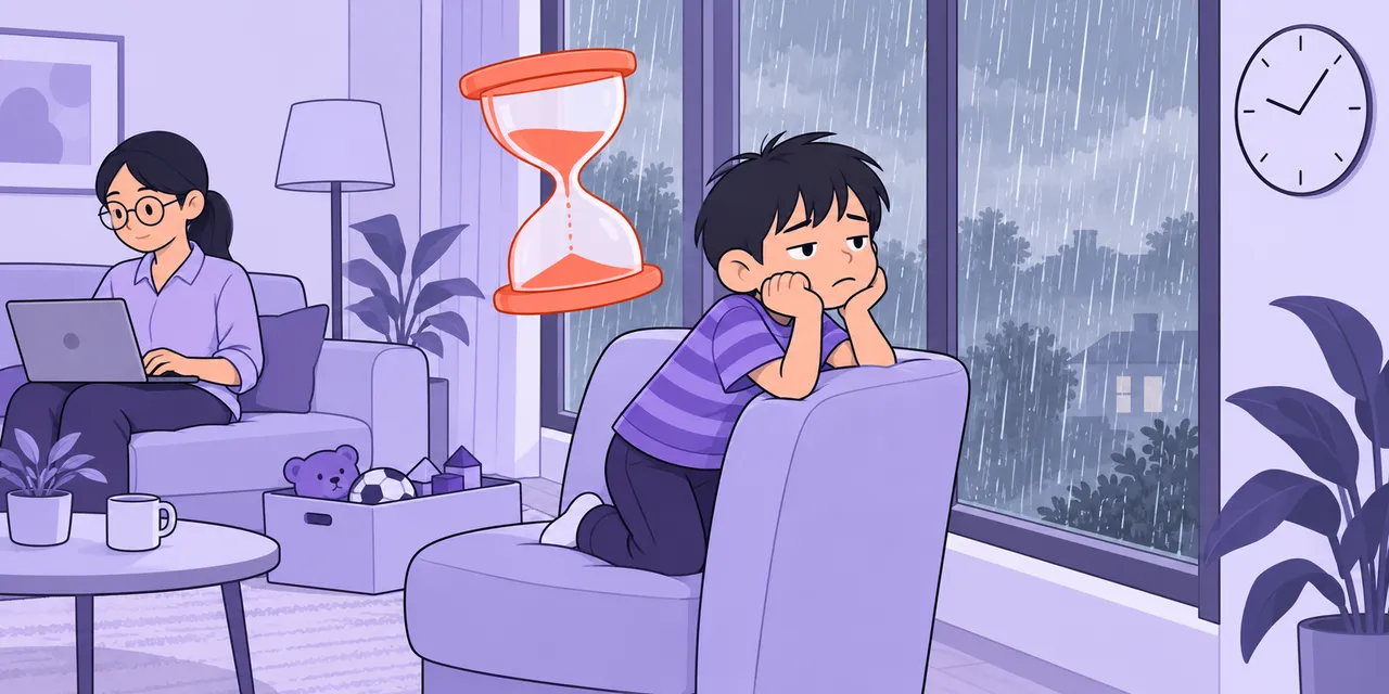 On a rainy afternoon, Leo slumps in an armchair by the window, chin on his fists, beside a slow hourglass.