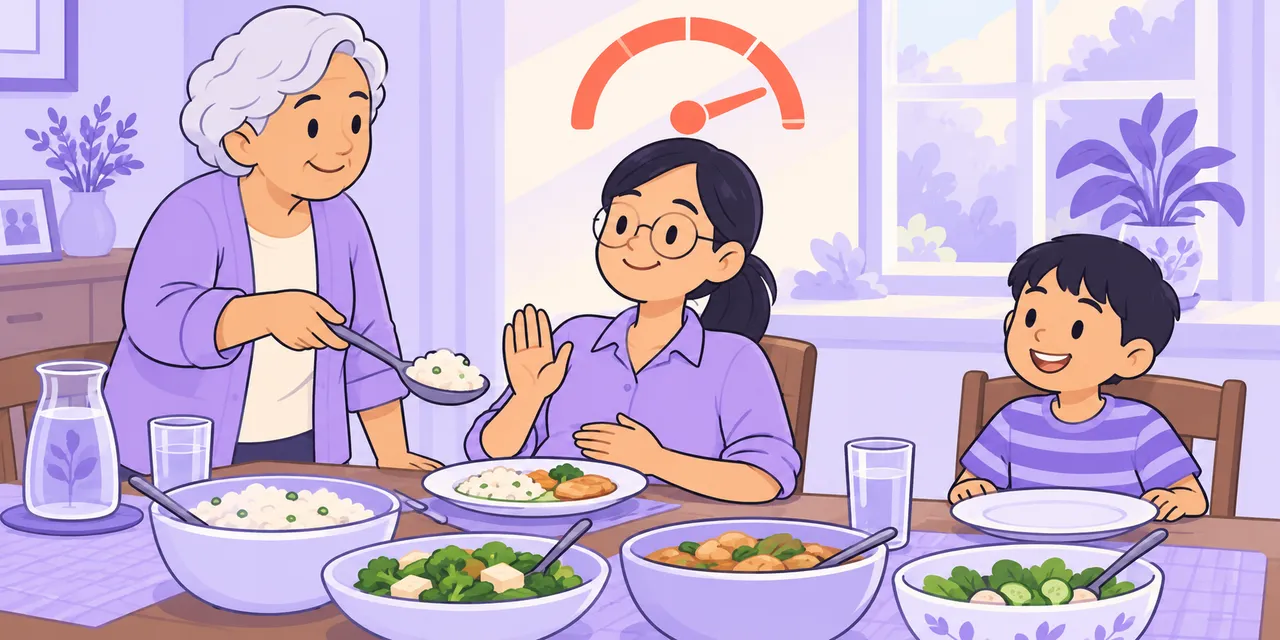 At a family lunch table, Jo raises a hand to turn down more rice from her grandmother, a fuel gauge on full above her head.