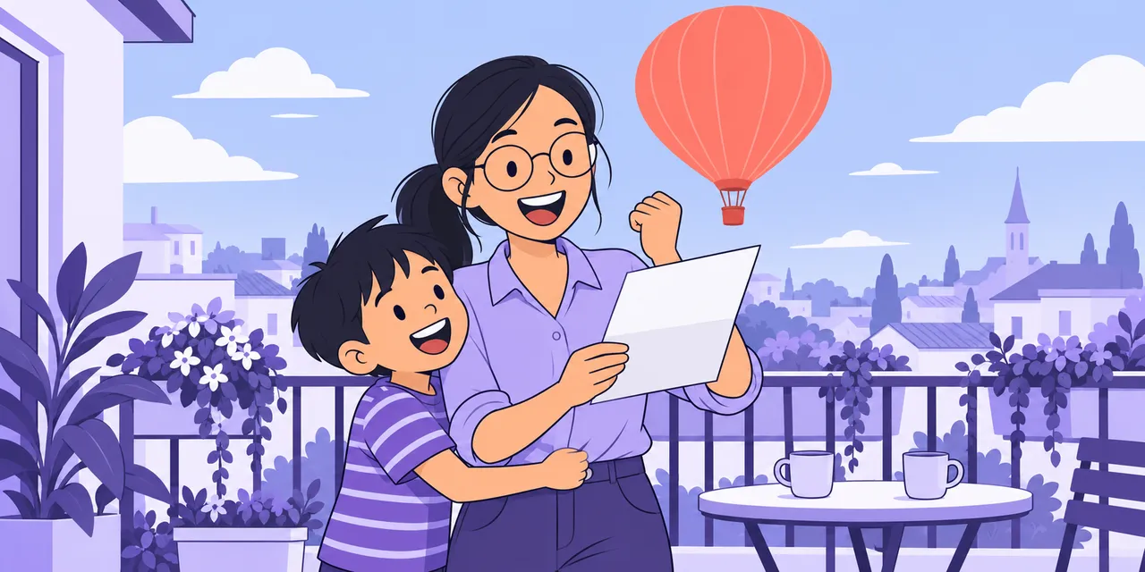 On a balcony, Jo cheers over an opened letter while Leo hugs her, and a hot-air balloon rises behind them.