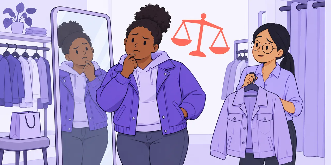 Mia tries on a jacket at a shop mirror, hand on her chin, beside a tilting balance scale.