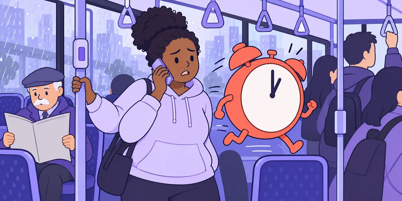 On a crowded bus, Mia phones ahead with an apologetic face while an alarm clock with legs runs off beside her.