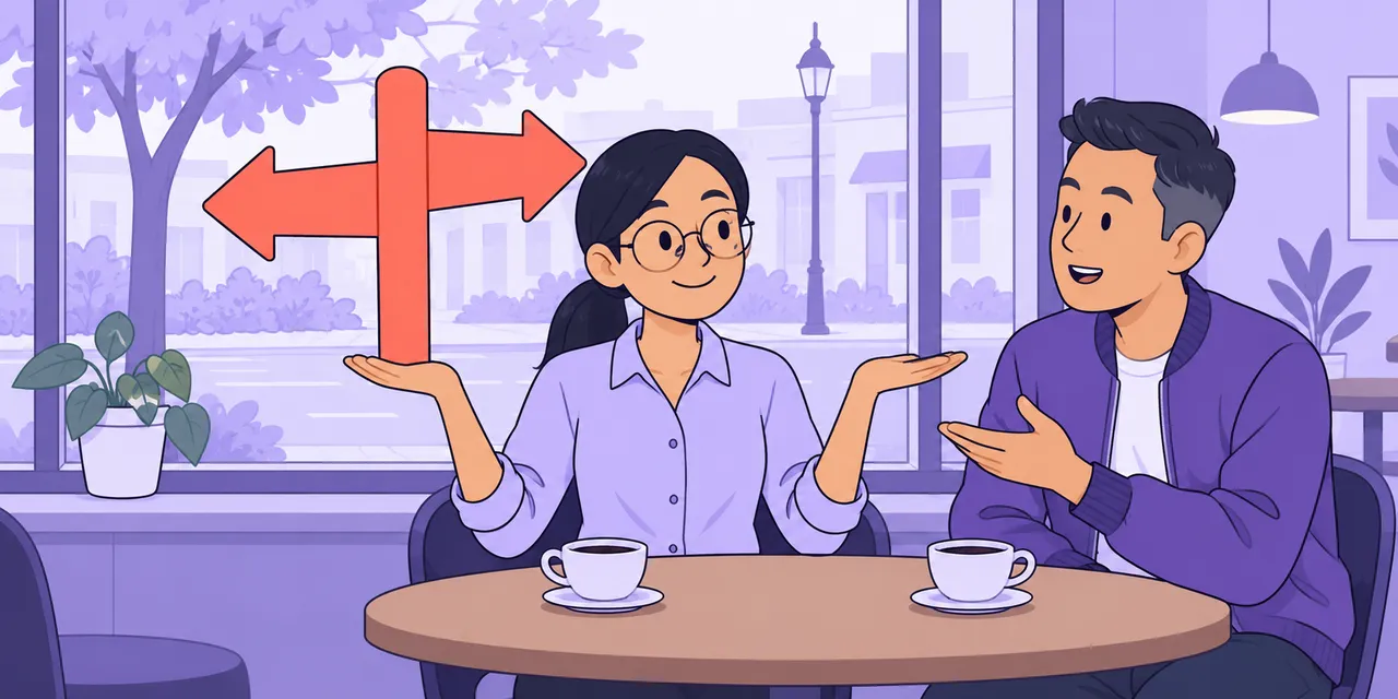 At a café table, Jo shrugs with both palms up as she answers a friend, a signpost pointing two ways beside her.