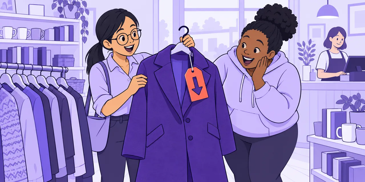 In a charity shop, Jo holds up a coat with a big price tag pointing down while Mia looks impressed.