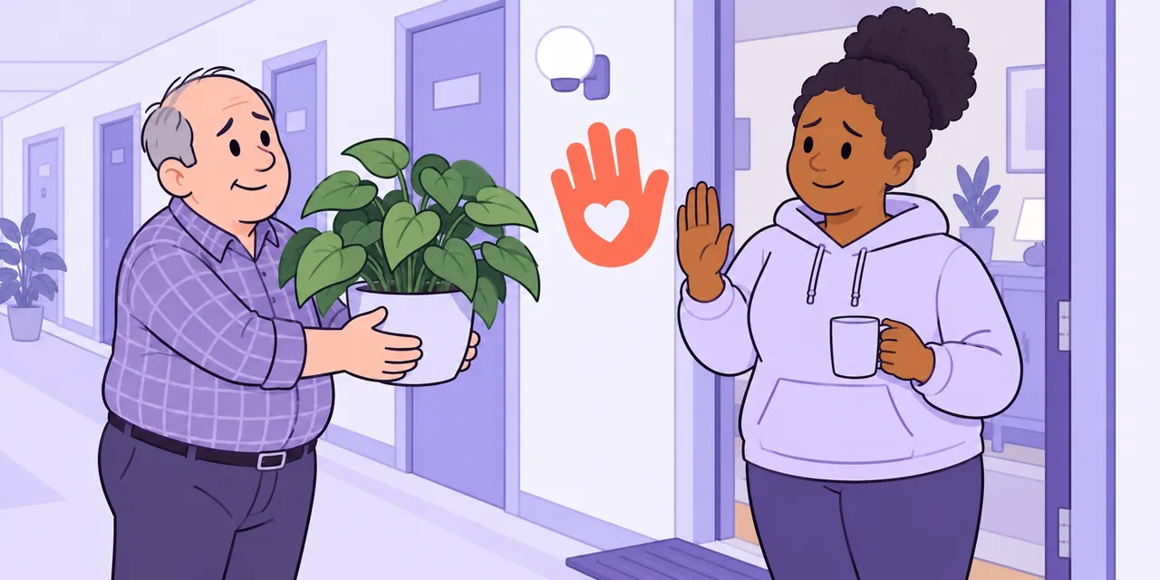 In a flat corridor, Mia raises a polite palm at her doorway as a hopeful neighbour holds out a big potted plant, beside a stop-hand with a small heart.