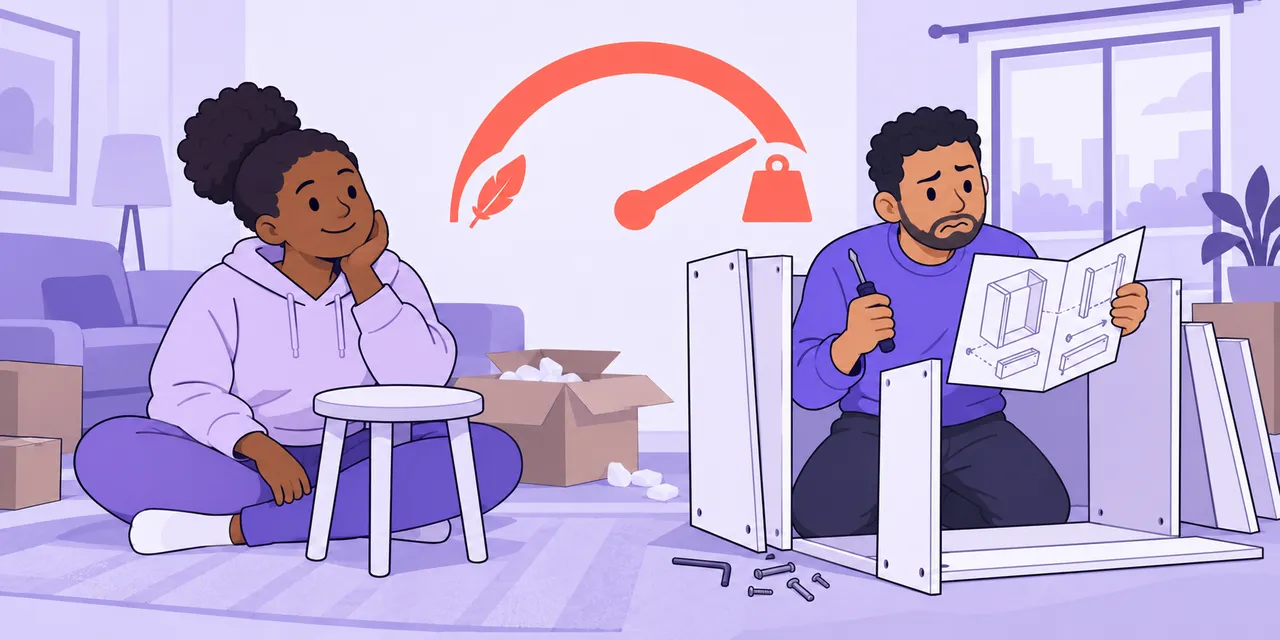 A difficulty dial swings towards hard between Mia, relaxed beside a finished stool, and Sam stuck inside a half-built wardrobe.