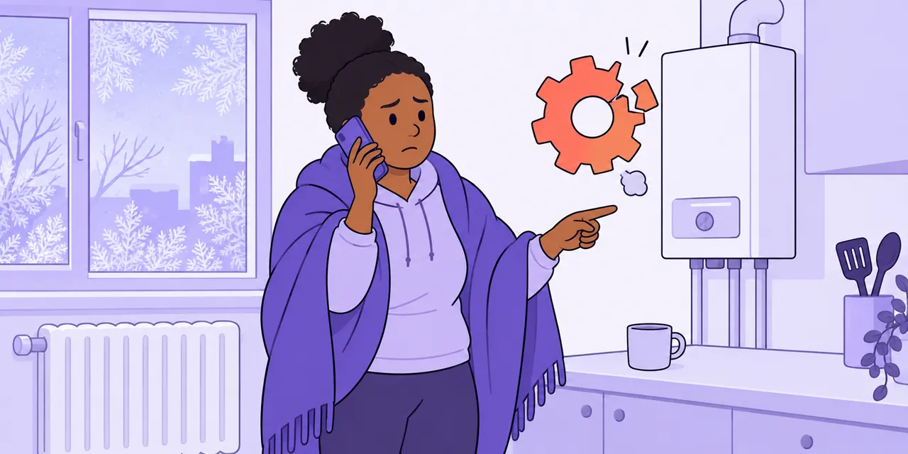 In a cold kitchen, Mia wrapped in a blanket is on the phone, pointing at the boiler beside a cog with a broken tooth.