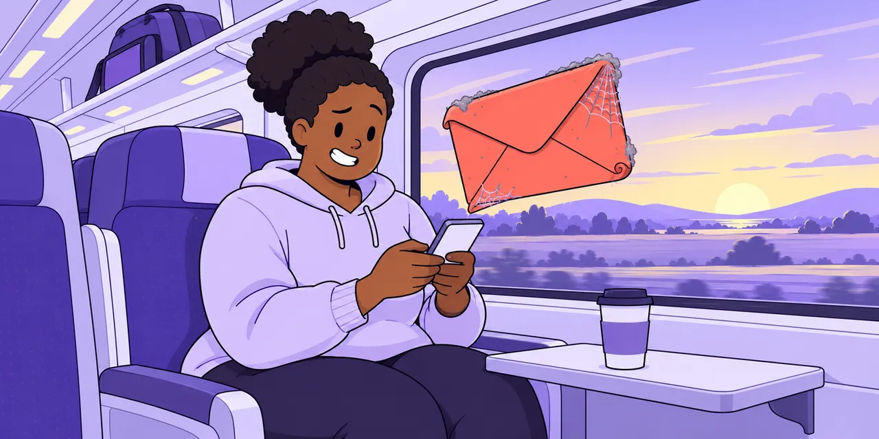 On a train at sunset, Mia types a reply on her phone next to a dusty envelope with a cobweb on its corner.