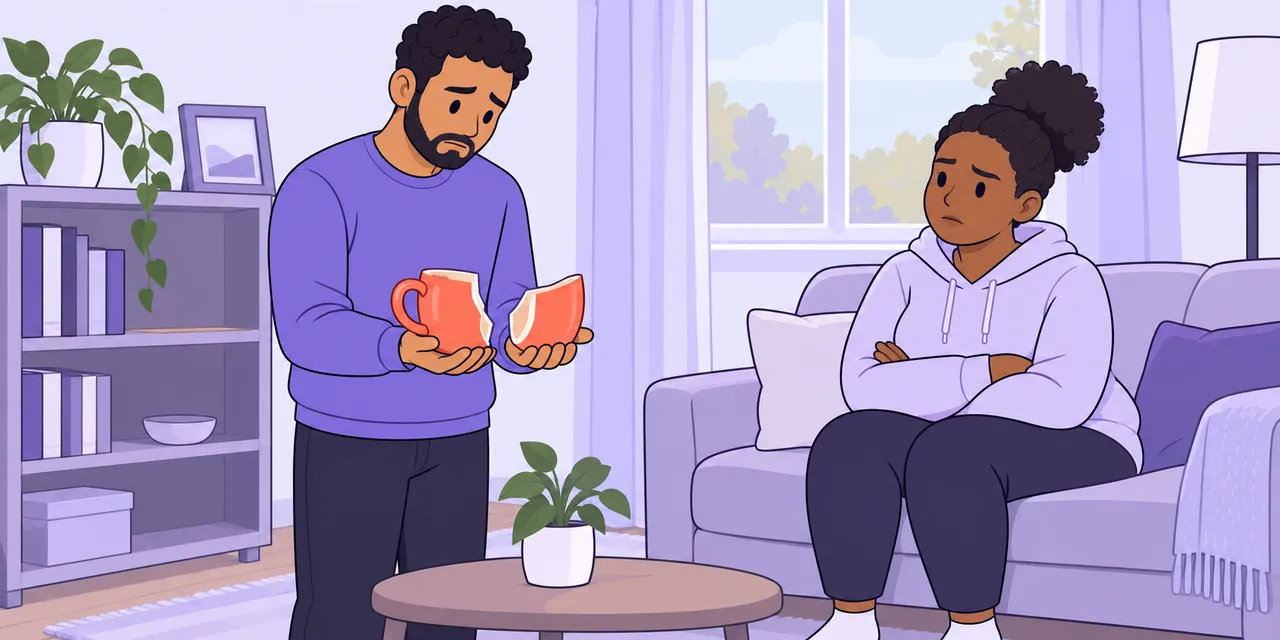 In a living room, Sam holds out the two halves of a broken mug to Mia, who sits with her arms folded.