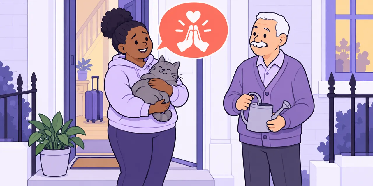 On her doorstep, Mia hugs her cat as an older neighbour hands it back; her speech bubble shows two hands pressed together.