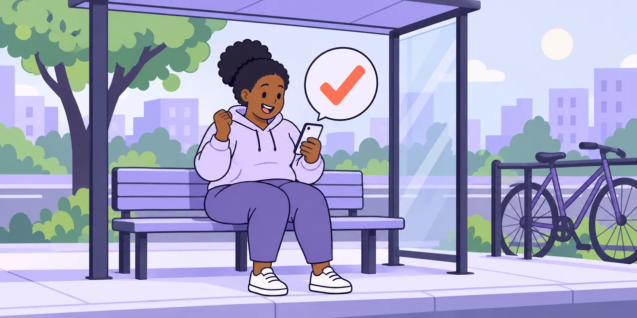 At a bus stop, Mia raises a happy fist at her phone, with a big tick in a bubble above it.