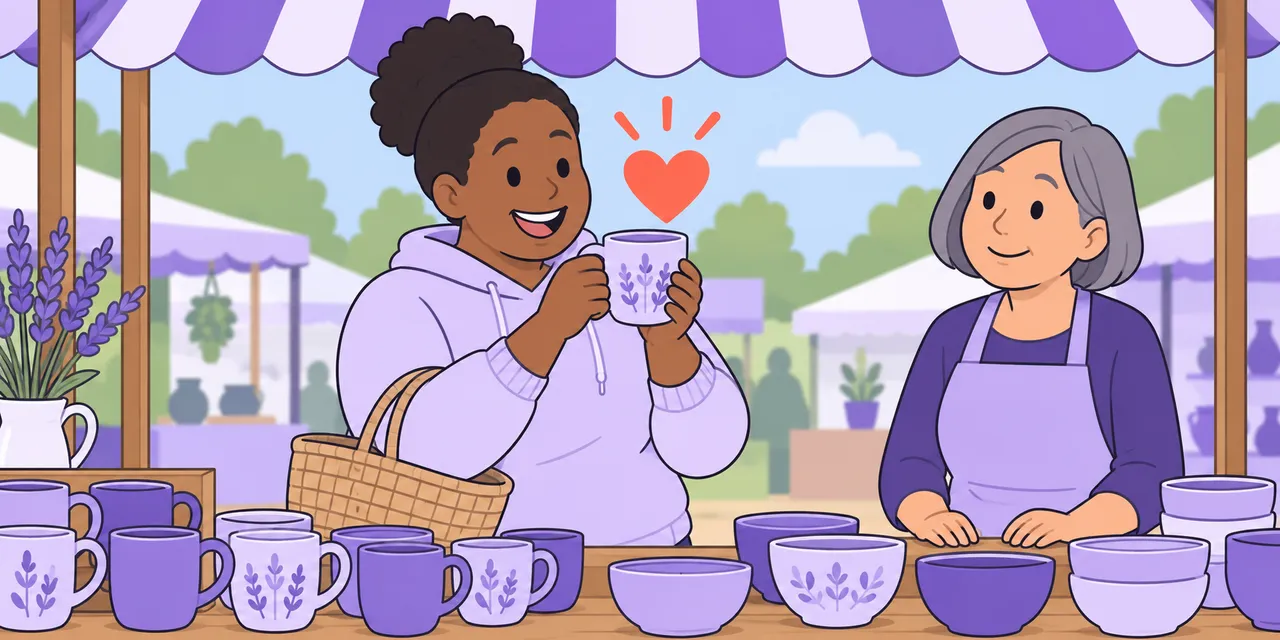 At a craft market, Mia holds up a hand-made mug she loves, with a big heart above it, as the stallholder smiles.