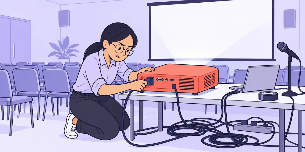 A scene showing “set up” meaning “get equipment ready”.
