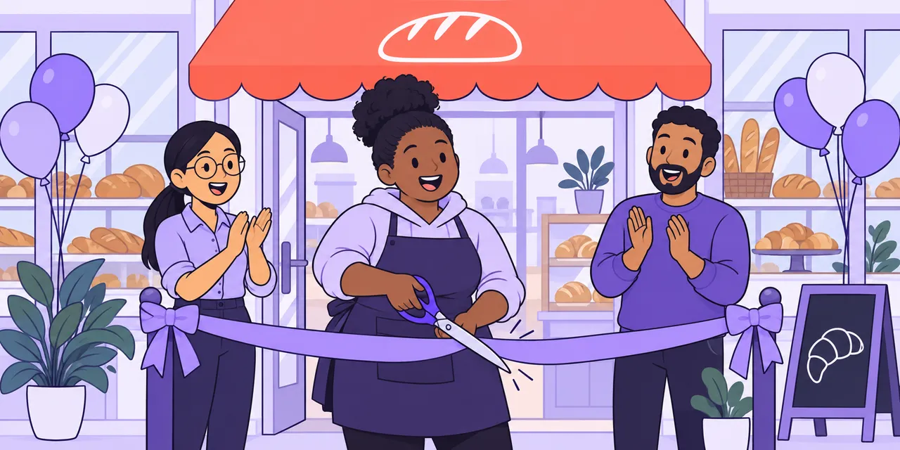 A scene showing “set up” meaning “start a business or project”.