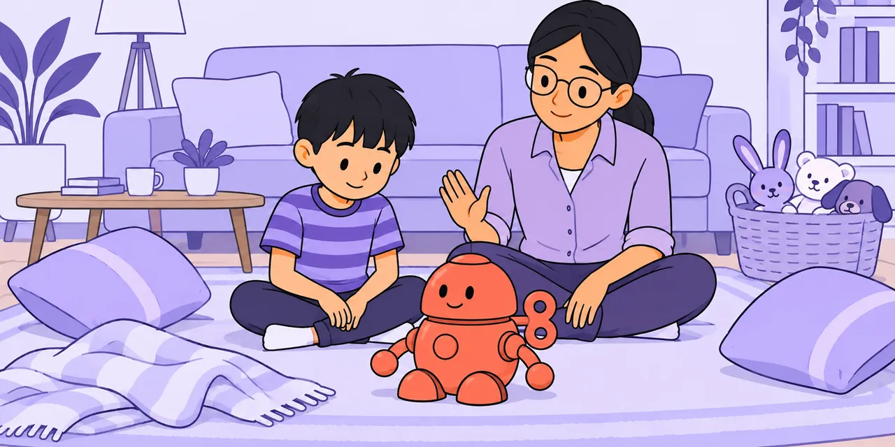 A boy sits calmly beside a woman as a red wind-up toy lies still on the rug after spinning.