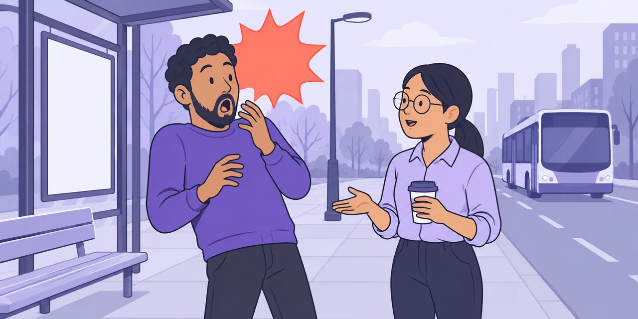 At a bus stop, Sam's jaw drops at Jo's news, with a jagged burst shape beside his head.