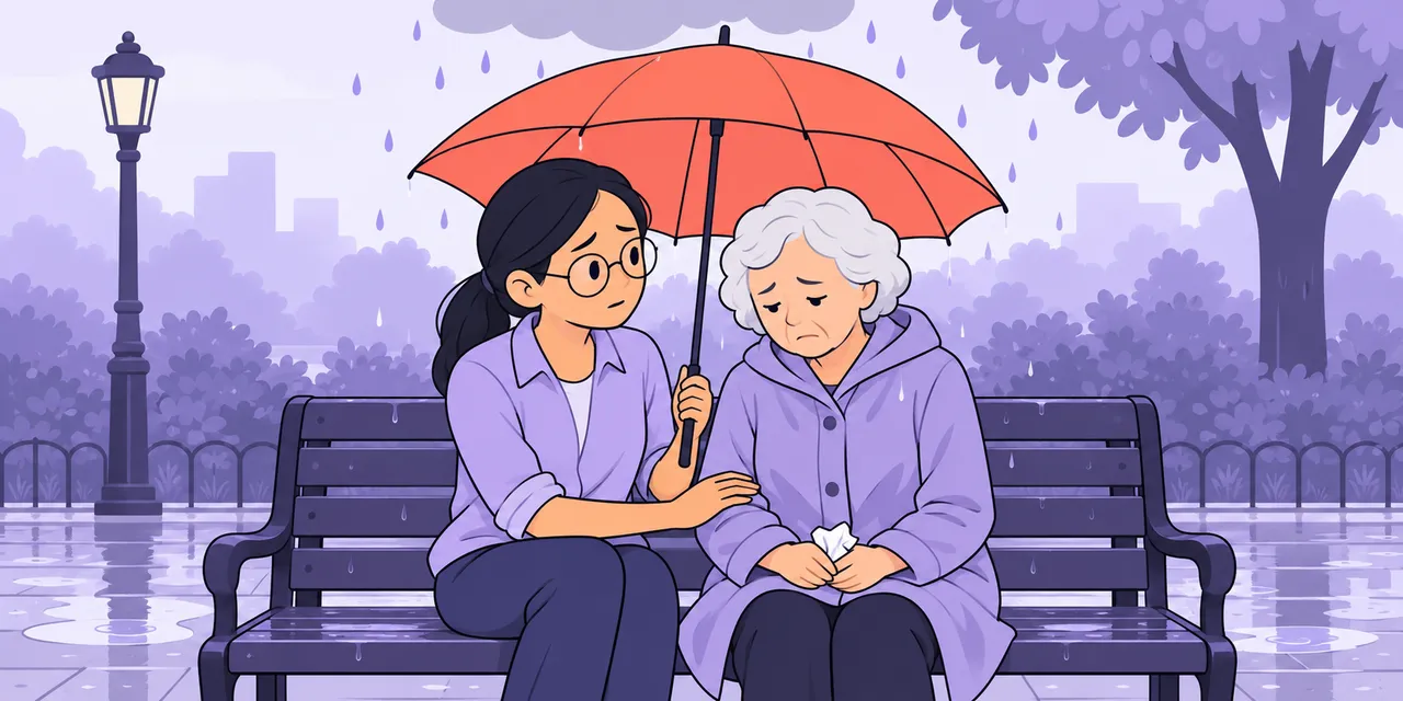 On a park bench in the drizzle, Jo holds an umbrella over a sad older neighbour and rests a hand on her arm.