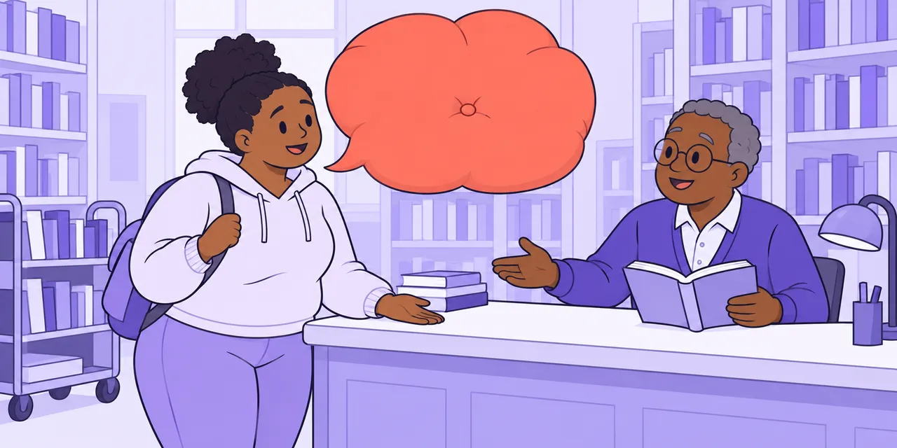 At a library desk, Mia asks the librarian something with a soft smile; her speech bubble is a plump, soft cushion.