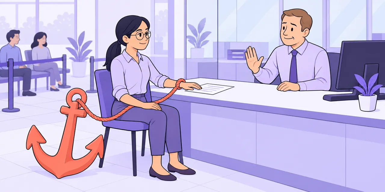 At a bank desk, Jo stays seated while the clerk raises a hand to say no, an anchor tied to her wrist.