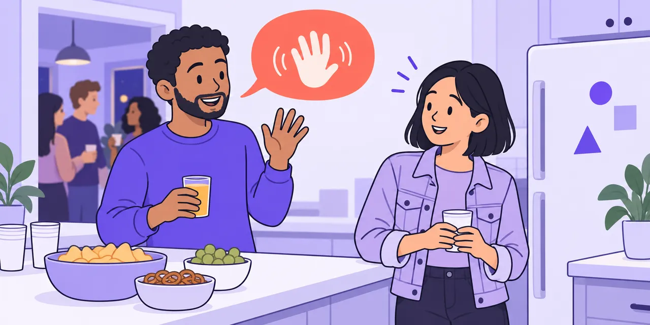 At a house party, Sam smiles and waves to a woman standing alone in the kitchen.