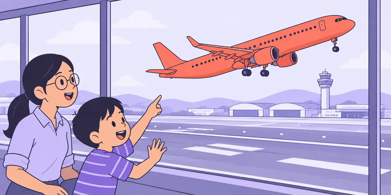 A scene showing “take off” meaning “plane leaves the ground”.