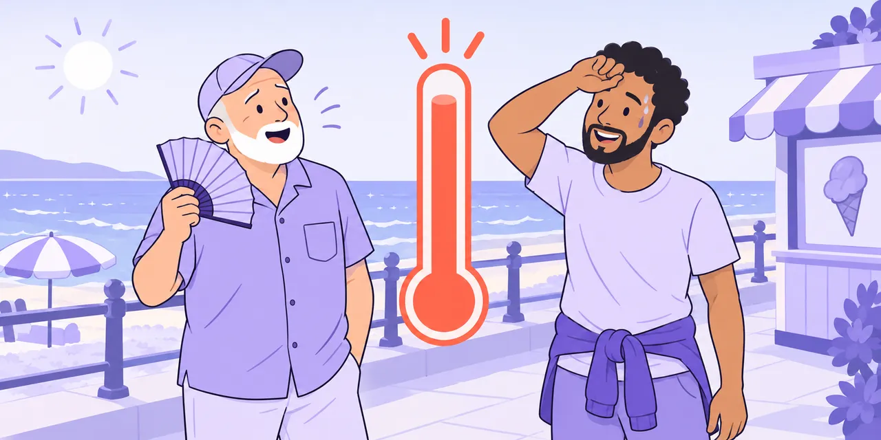 On a sunny seafront, an older man fans himself and Sam wipes his brow beside a thermometer near the top.