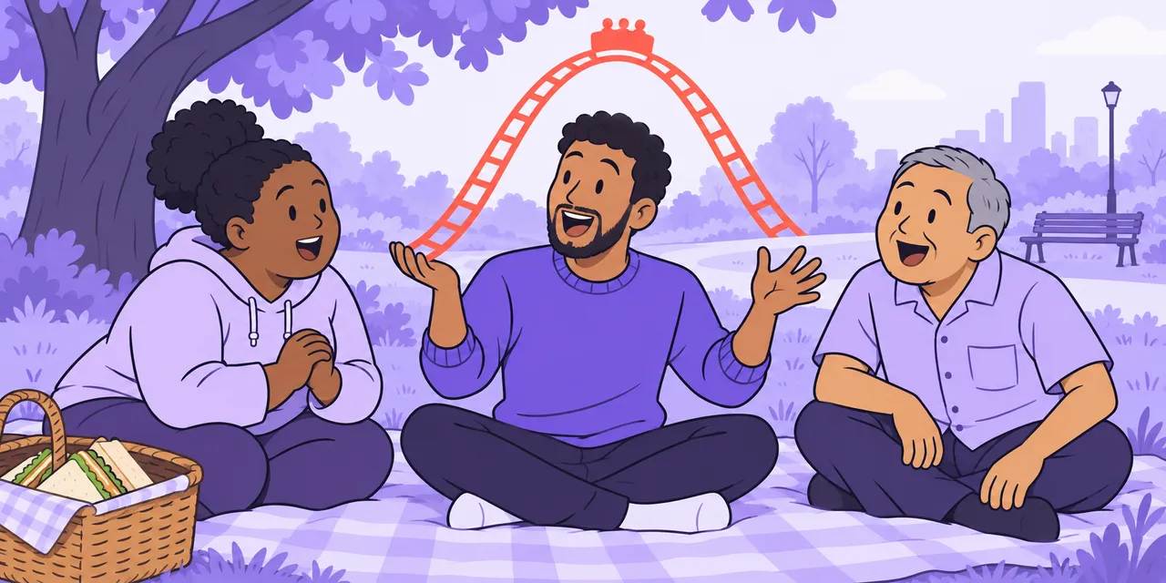 On a picnic blanket in the park, Sam tells a story to two friends, a rollercoaster track rising above him.