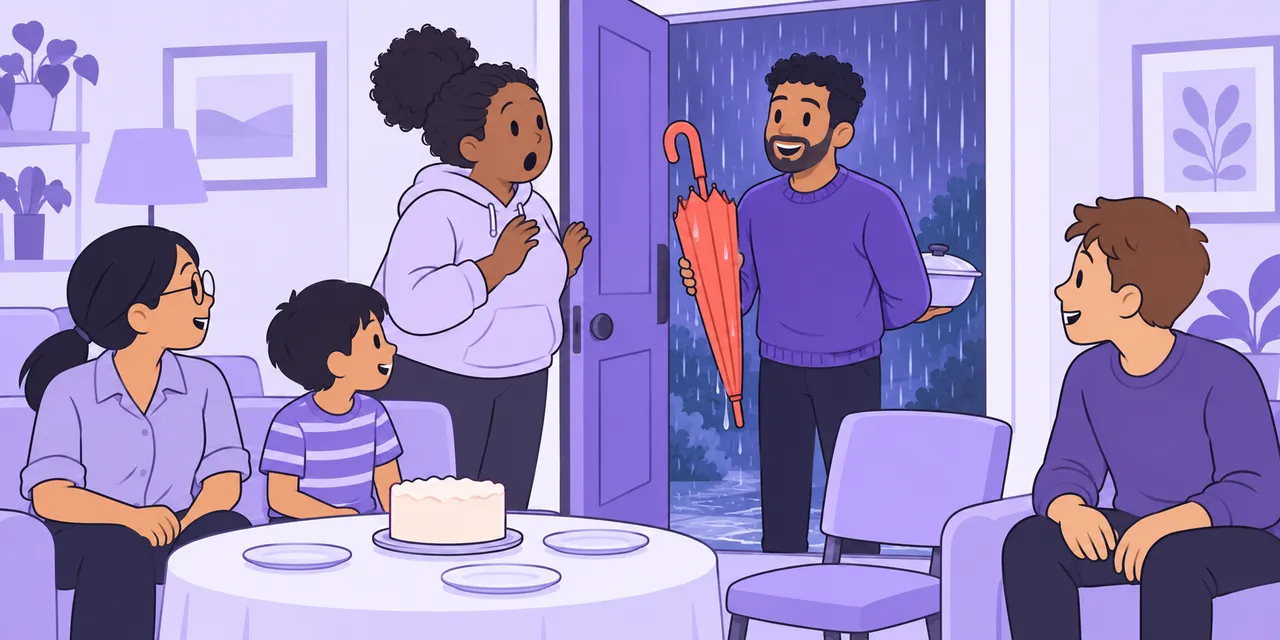 A scene showing “turn up” meaning “arrive unexpectedly”.