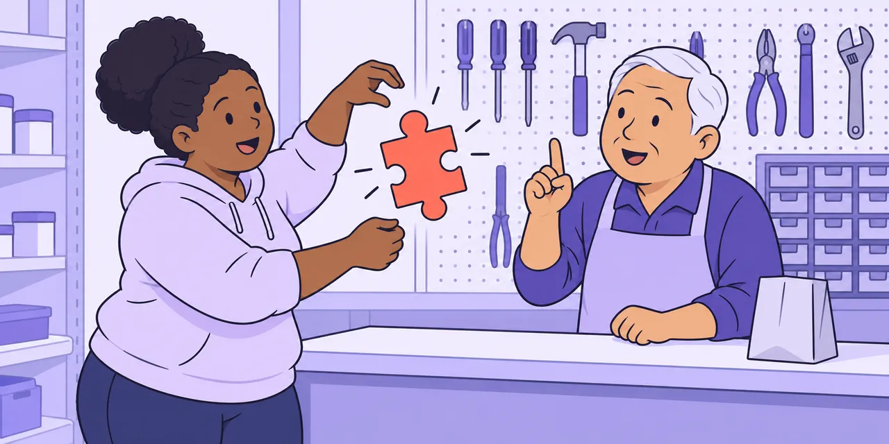 At a hardware shop counter, Mia mimes a tool to the shopkeeper while holding up a jigsaw piece.