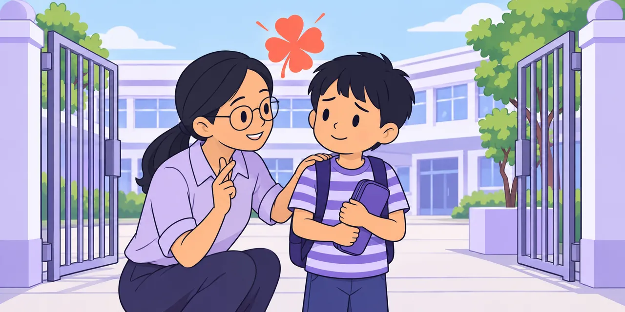 At the school gate on exam morning, Jo crouches beside Leo with her fingers crossed, a four-leaf clover above him.