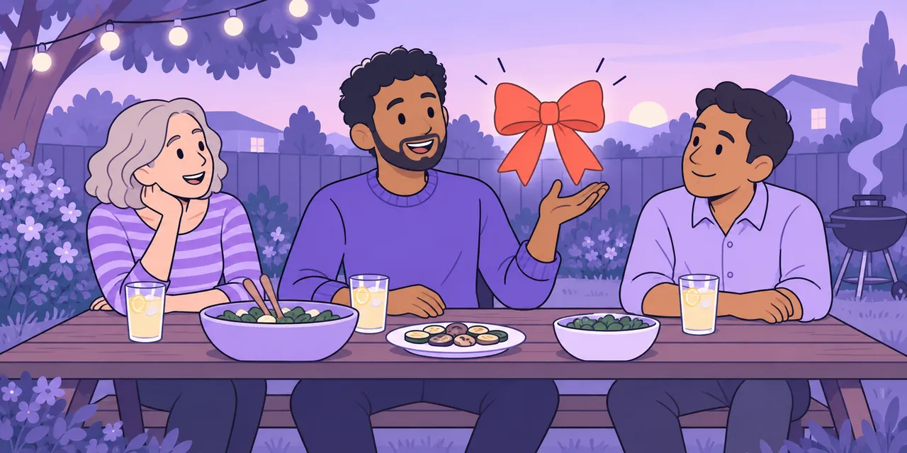 At a garden barbecue at sunset, Sam finishes his story to two friends, a ribbon tied in a bow beside him.